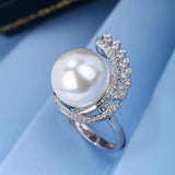 Beimu Pearl Round Ring Women's Zircon Moon 925 Sterling Silver Jewelry