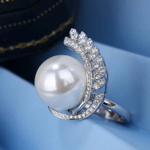 Beimu Pearl Round Ring Women's Zircon Moon 925 Sterling Silver Jewelry