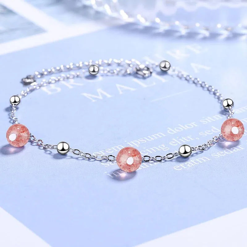 925 Silver Anklet Crystal Pink Bead Foot Jewelry