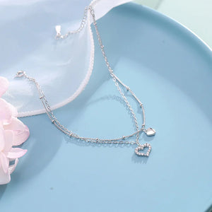 925 Silver Zircon Love Heart Double Chain Anklet Foot Jewelry