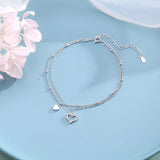 925 Silver Zircon Love Heart Double Chain Anklet Foot Jewelry
