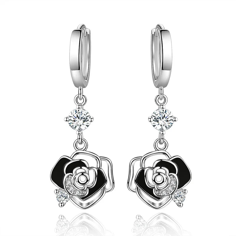 925 Silver Hoop Earrings Zircon Charm Rose Jewelry