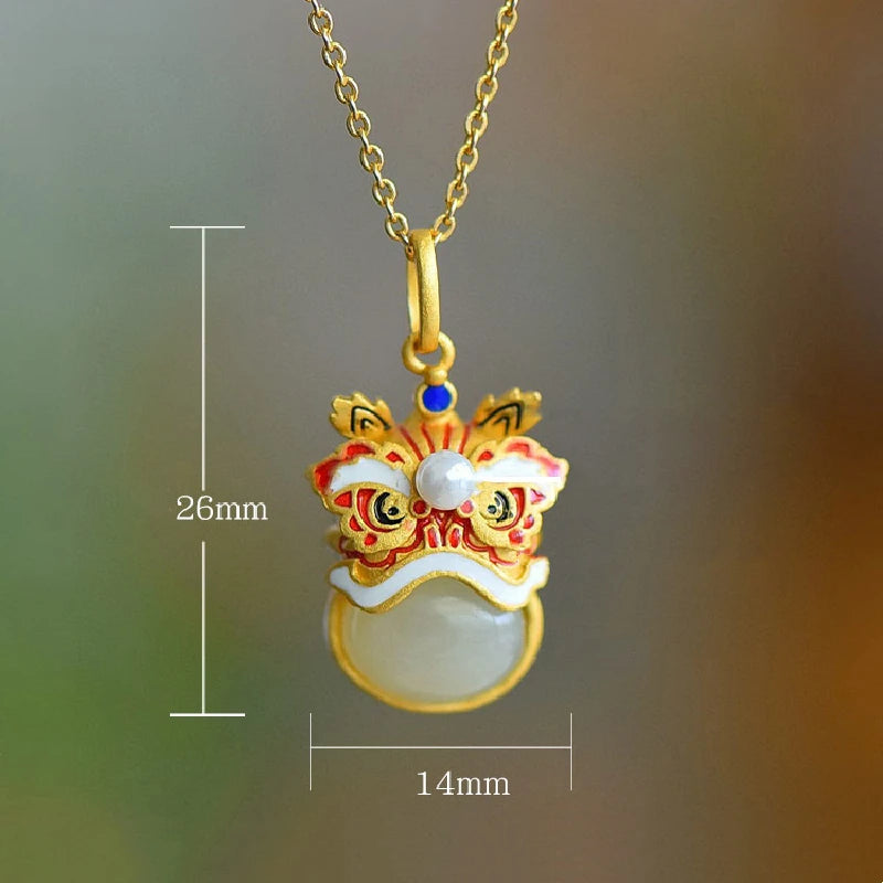 Vintage Chinese Enamel Lion Pendant 925 Sterling Silver Necklace