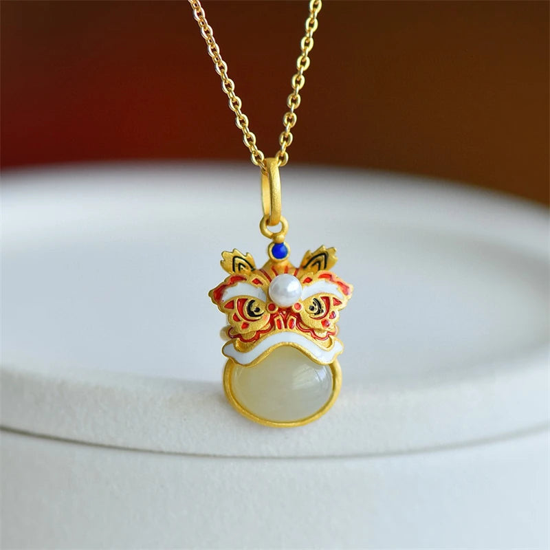 Vintage Chinese Enamel Lion Pendant 925 Sterling Silver Necklace