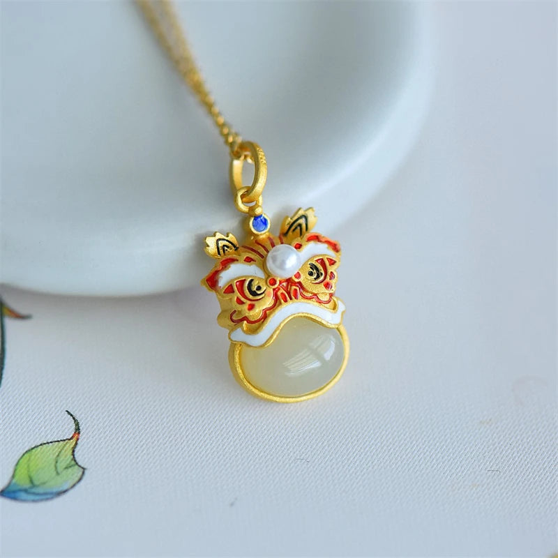 Vintage Chinese Enamel Lion Pendant 925 Sterling Silver Necklace