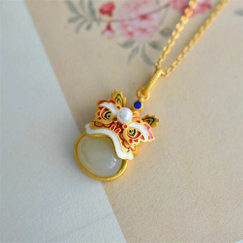 Vintage Chinese Enamel Lion Pendant 925 Sterling Silver Necklace