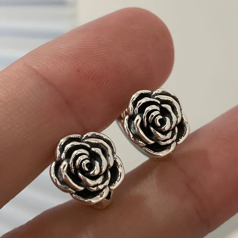Vintage Rose Hoop Earrings S925 Silver Flower Earring Lady Party Accessories