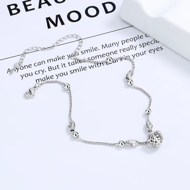 Vintage S925 Silver Bell Anklet For Women Jewelry Ankle Box Chain Beads Anklets