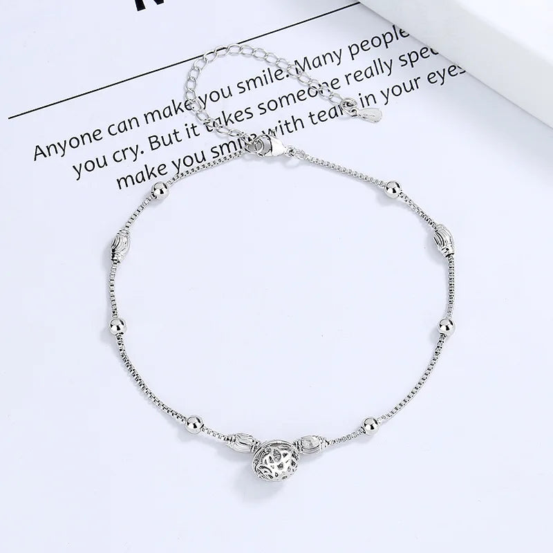 Vintage S925 Silver Bell Anklet For Women Jewelry Ankle Box Chain Beads Anklets