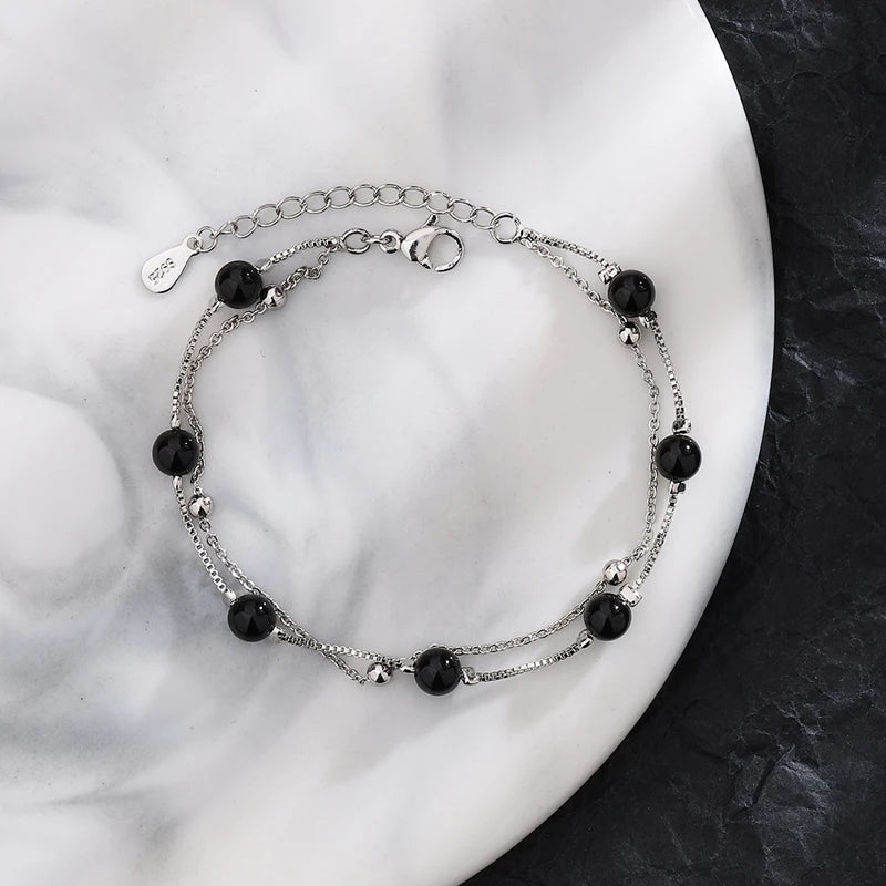 Vintage Beads Bracelets 925 Sterling Silver Glamorous Two Chain Bracelet