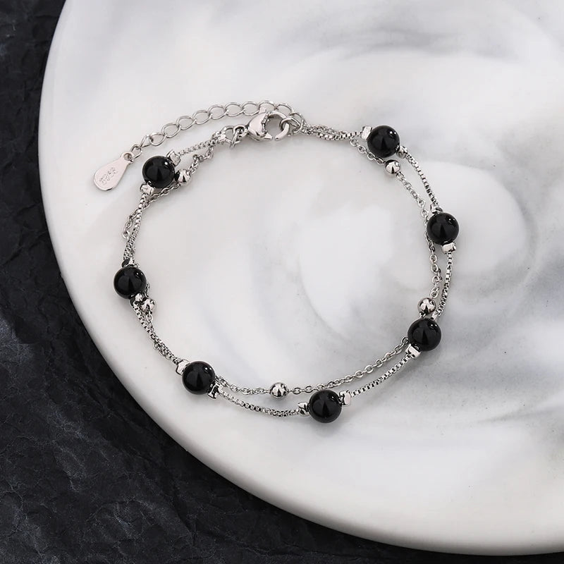 Vintage Beads Bracelets 925 Sterling Silver Glamorous Two Chain Bracelet