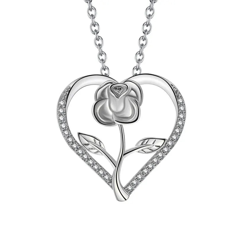 Zircon Love Heart Rose Necklace Women Gift 925 Silver Two Necklaces