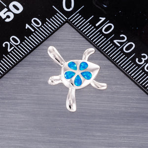 Green Sea Turtle Plumeria Ocean Fire Opal Silver Plated Necklace