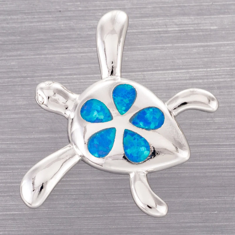 Green Sea Turtle Plumeria Ocean Fire Opal Silver Plated Necklace