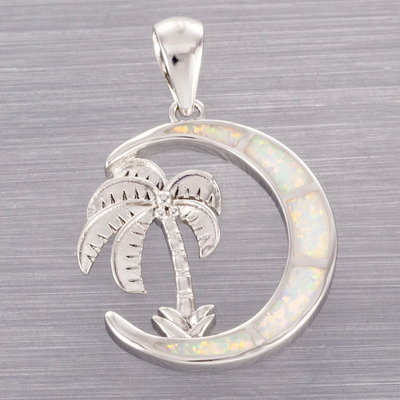Crescent Fire Opal Palm Tree Pendant Necklace