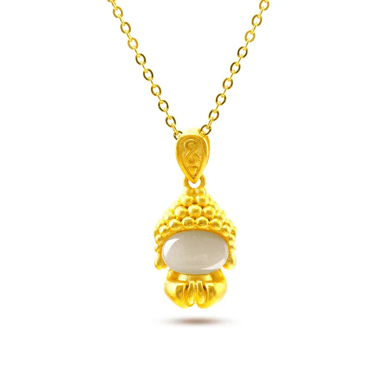 14K Buddha Pendant Hetian Jade Jewelry Birthday Gift