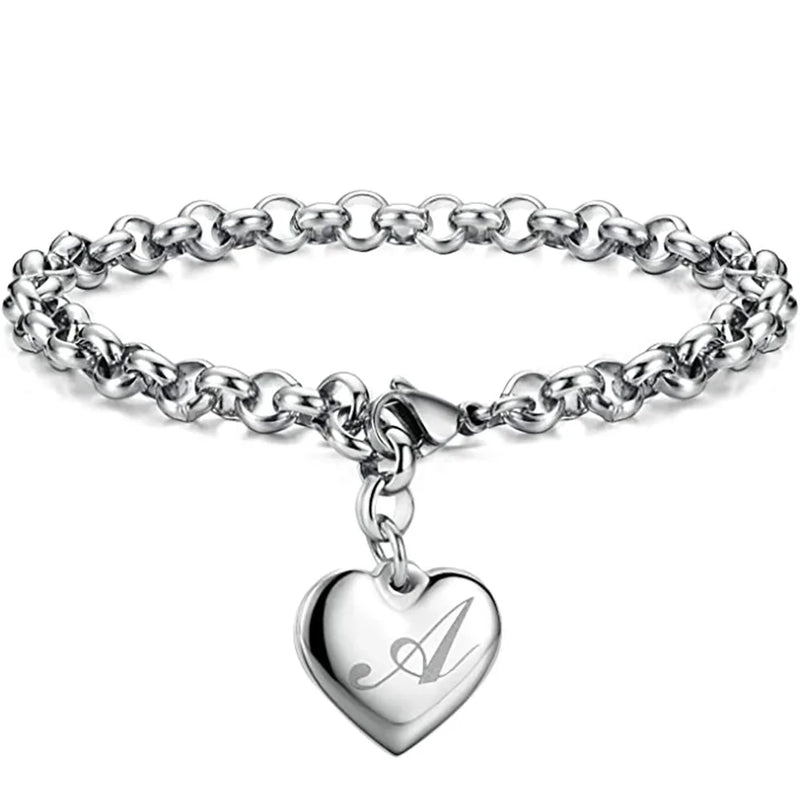 Punk Charm Silver Bracelet Heart Alphabet for Women