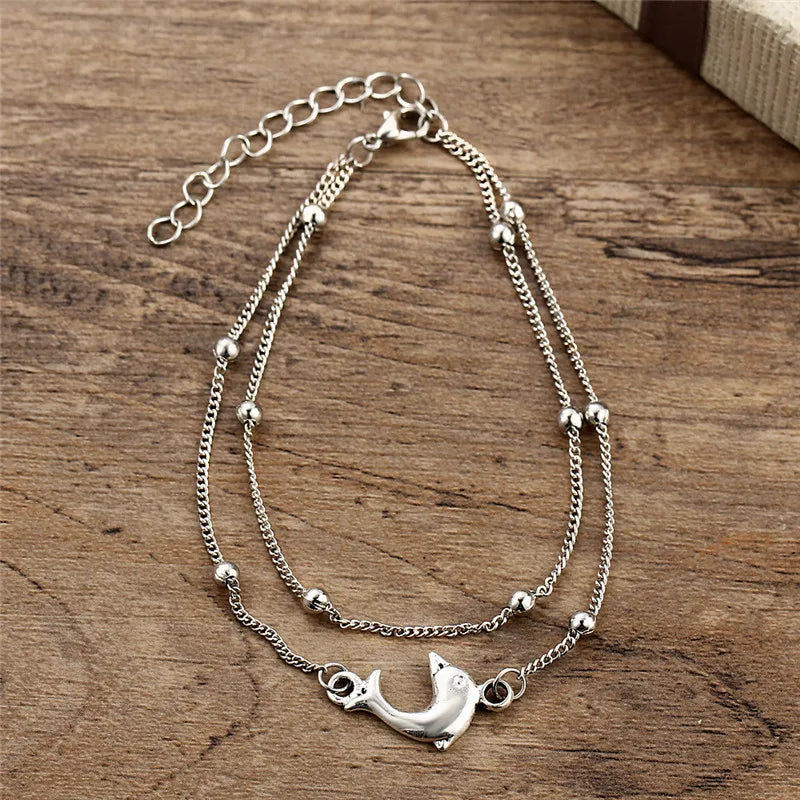 Vintage Dolphin Anklet Bracelet Silver Beads Anklet For Women