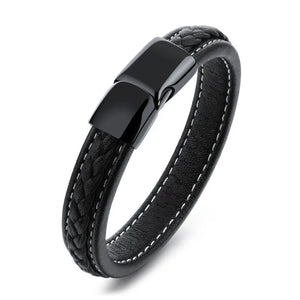 KOtik Men's Leather Bracelet Stainless Steel Bangle Personalized Gift