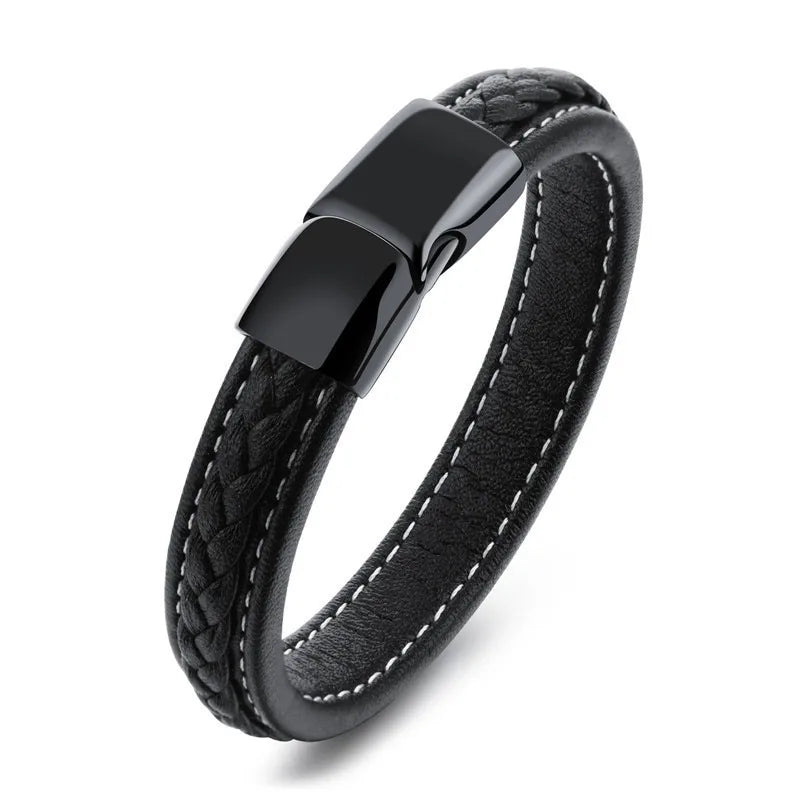 KOtik Men's Leather Bracelet Stainless Steel Bangle Personalized Gift