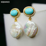 Turquoise Pearl Drop Earrings, 925 Silver Plated Jewelry