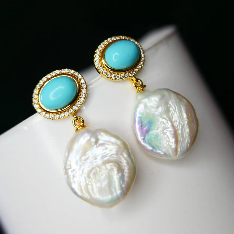 Turquoise Pearl Drop Earrings, 925 Silver Plated Jewelry