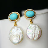 Turquoise Pearl Drop Earrings, 925 Silver Plated Jewelry