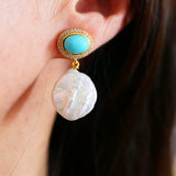 Turquoise Pearl Drop Earrings, 925 Silver Plated Jewelry