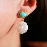 Turquoise Pearl Drop Earrings, 925 Silver Plated Jewelry