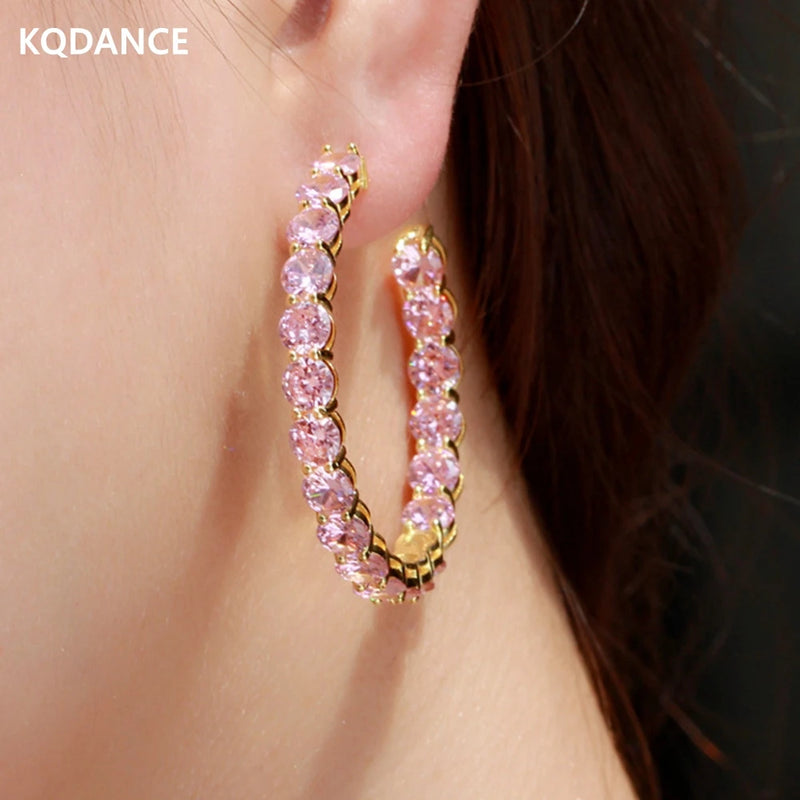 KQDANCE Round Pink Diamond Hoop Earrings 925 Silver Plated Jewelry