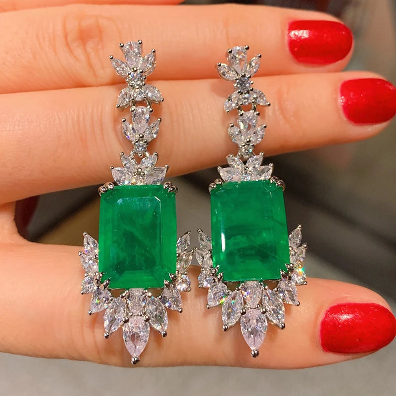 Lab Gemstone Diamond Emerald Ruby Paraiba Tourmaline Drop Earrings