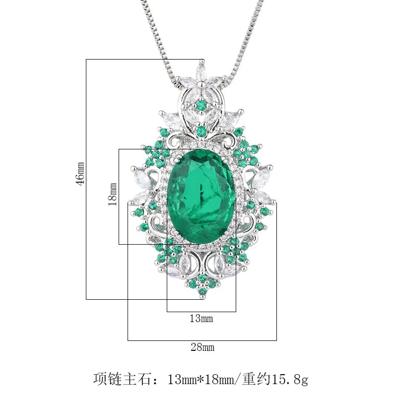 Large Oval Cut Lab Green Emerlad Sapphire Aquamarine Diamond Pendant Necklace