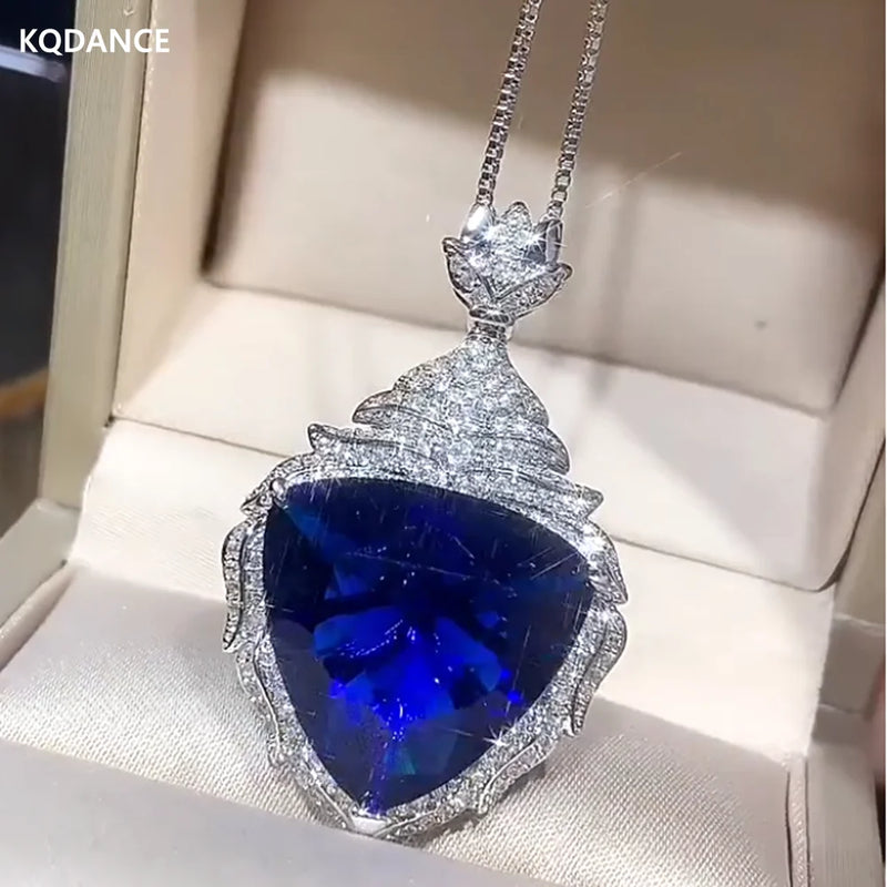 Large Triangle Sapphire Diamond Pendant Necklace for Women