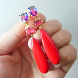 Moon Stone Red Turquoise Crystal Tear Drop Earrings 925 Silver Women Jewelry
