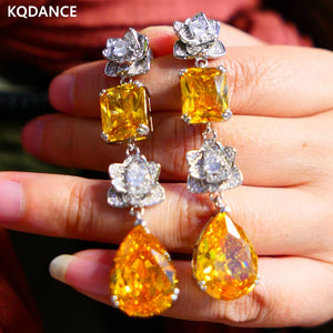 Yellow Red Moissanite Diamond Tear Drop Flower Dangle Earrings