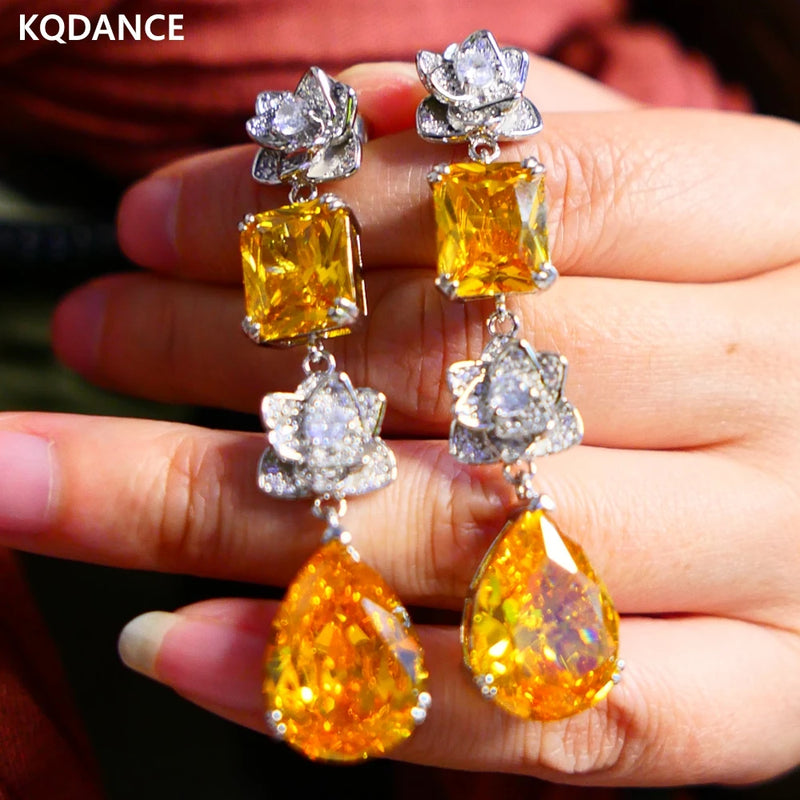 Yellow Red Moissanite Diamond Tear Drop Flower Dangle Earrings