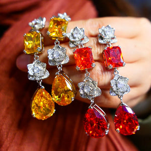 Yellow Red Moissanite Diamond Tear Drop Flower Dangle Earrings