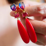 Red Turquoise Zircon Crystal Long Drop Earrings 925 Silver Natural Gem Stone