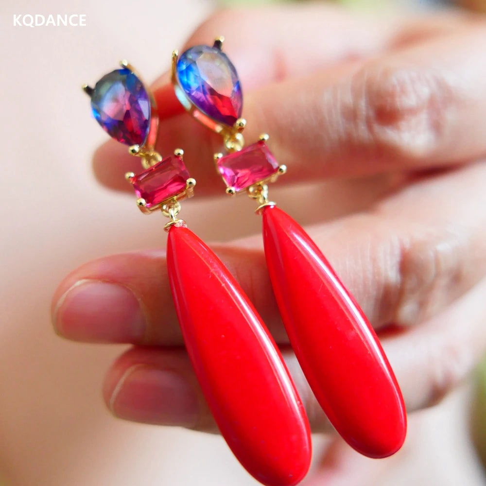 Red Turquoise Zircon Crystal Long Drop Earrings 925 Silver Natural Gem Stone