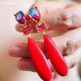 Red Turquoise Zircon Crystal Long Drop Earrings 925 Silver Natural Gem Stone