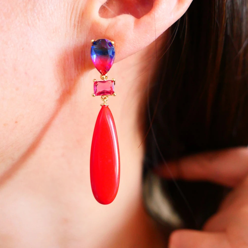 Red Turquoise Zircon Crystal Long Drop Earrings 925 Silver Natural Gem Stone