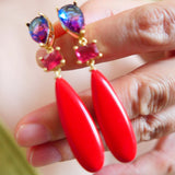 Red Turquoise Zircon Crystal Long Drop Earrings 925 Silver Natural Gem Stone