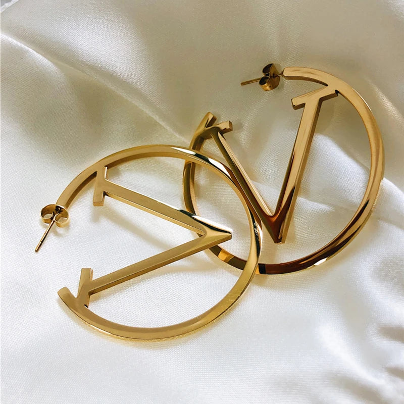 Punk Stainless Steel V-Letter Circle Hoop Earrings