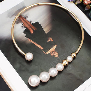 Simulated Pearl Torques Choker Necklace Metal Statement Bib Collar