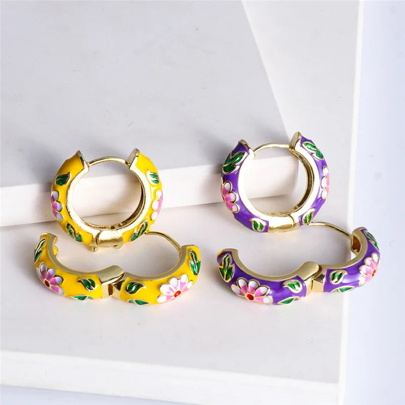 Colorful Enamel Flower Hoop Earrings Y2K Wedding Jewelry