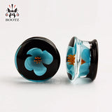 2PCS Stone Ear Flower Piercing Plugs Tunnel Body Jewelry Gauges Flesh Stretchers