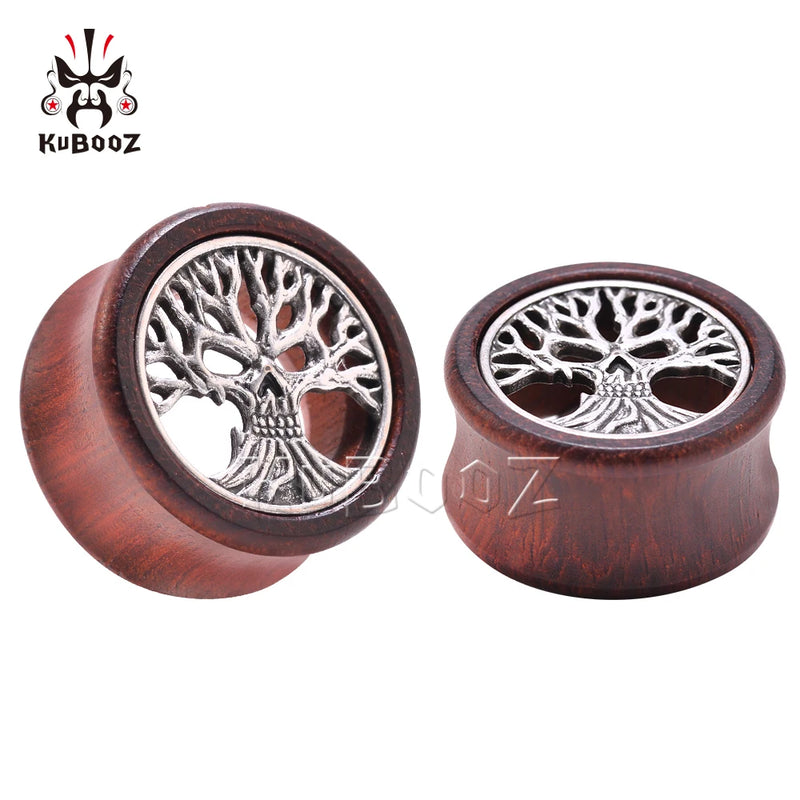 Skull Life Tree Wood Ear Tunnels Body Piercing Earring Plugs Gauges 2PCS