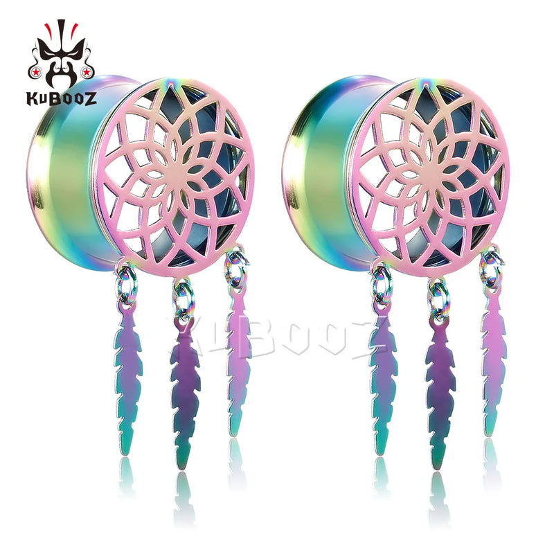 Stainless Steel Dream Catcher Flower Pattern Ear Plugs Dangle Tunnels