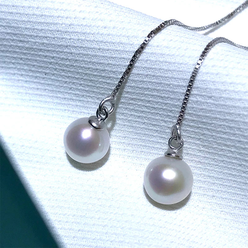 Pearl Drop Earrings 925 Sterling Silver Fresh Water Pearl Long Chain Jewelry