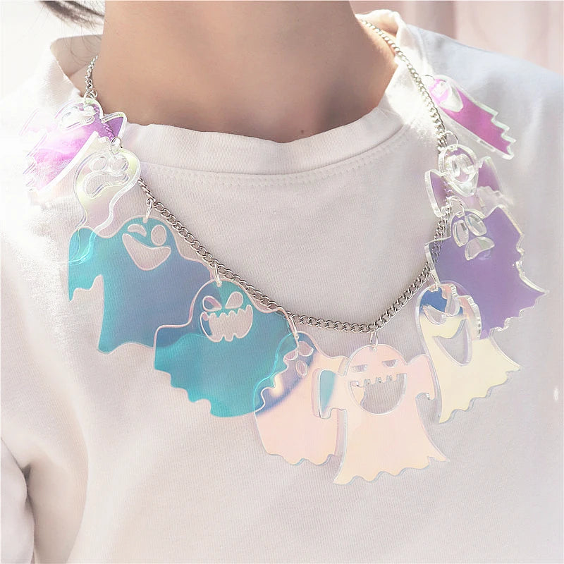 Iridescent Ghost Necklace with 10 Pendants Short Chain Halloween Jewelry